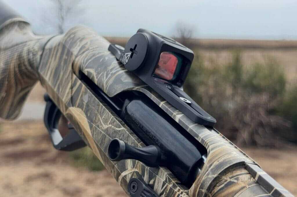 Vortex Viper Shotgun Enclosed Micro Green Dot mounted low on a shotgun for turkey hunting and wingshooting