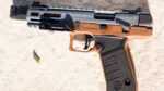 The whole gun lying on a table facing left with a spent .22 case nearby.