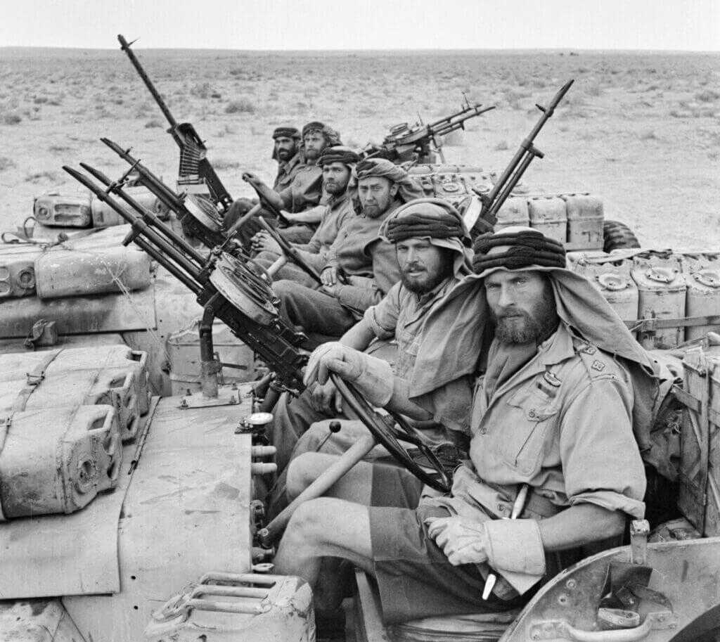 British 22d SAS troopers in North Africa during World War II with Vickers K guns and Sykes Fairbairn fighting knife