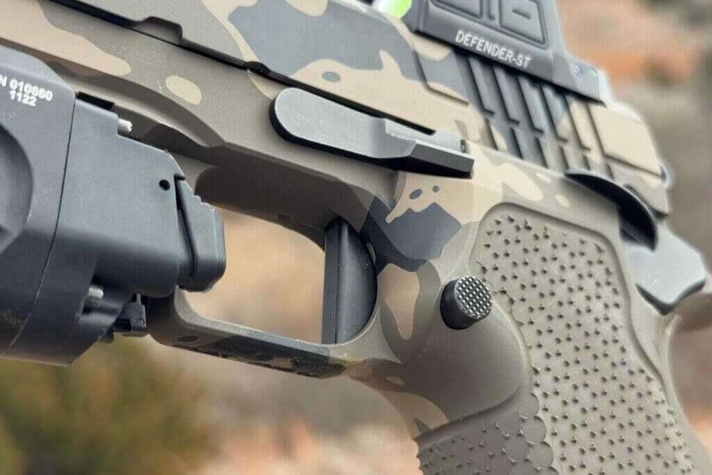 Short straight trigger option on the custom Stealth Arms Platypus 2011-style pistol