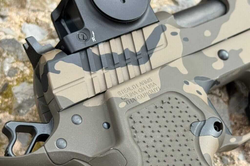 Custom serial number detail on a personalized Stealth Arms Platypus pistol build