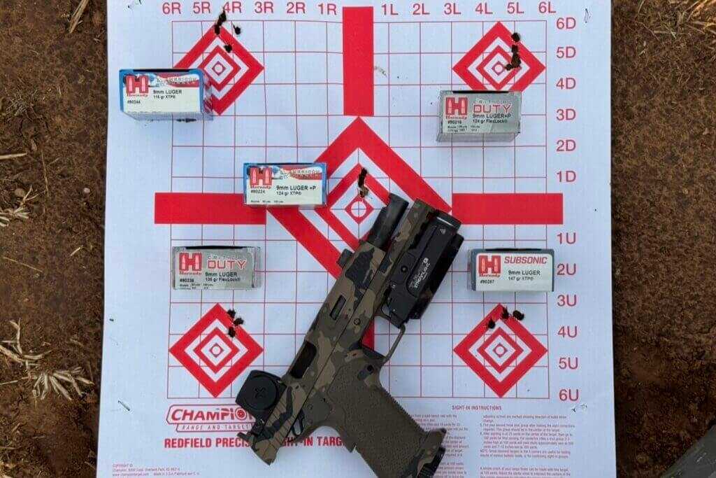 Ten yard accuracy groups from the Stealth Arms Platypus using Hornady carry ammunition