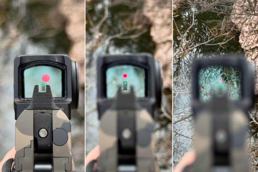 Sight picture through the Vortex Defender-ST Enclosed optic on a Stealth Arms Platypus