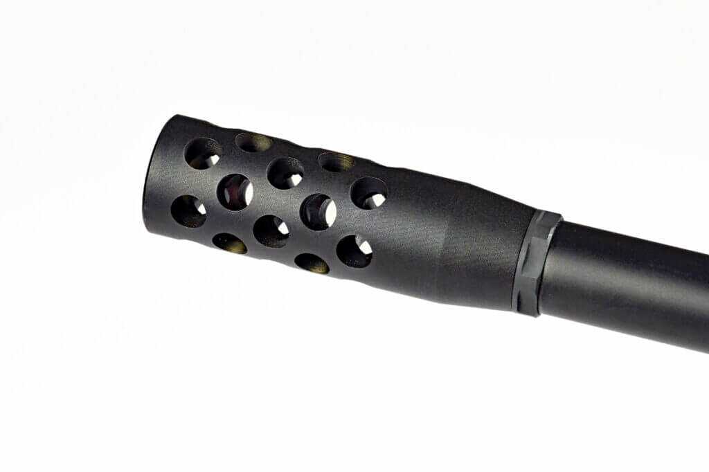 Radial muzzle brake on threaded Benelli Lupo Alpha barrel for recoil control