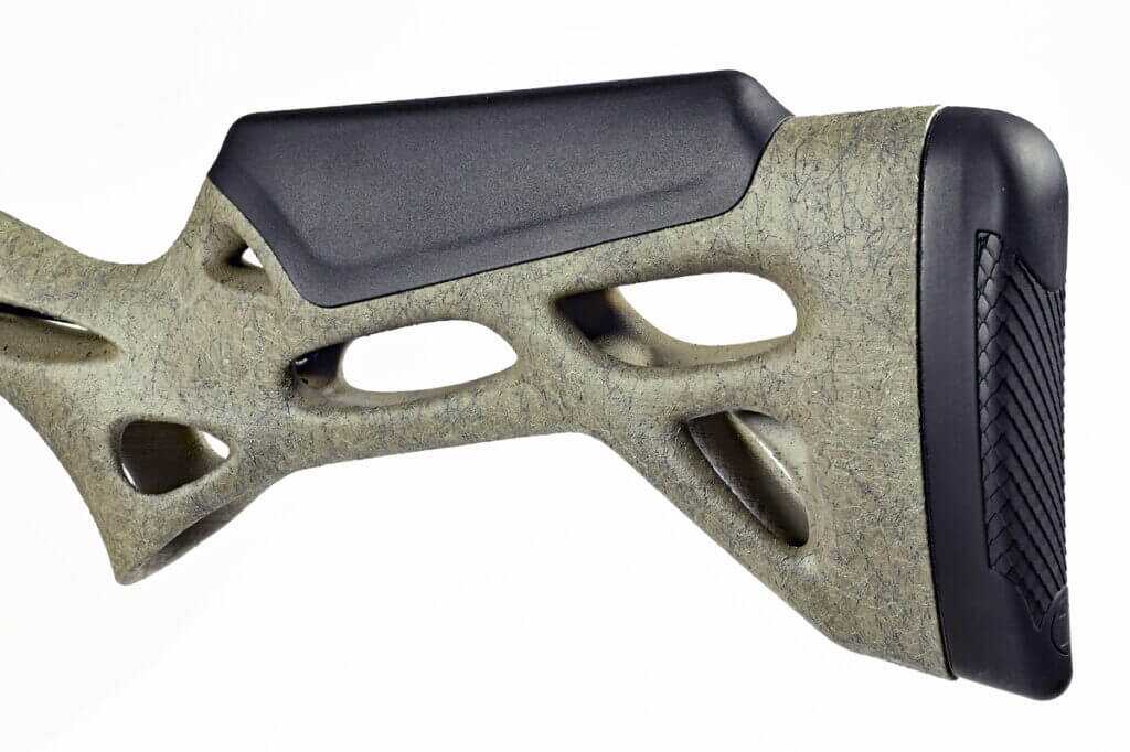 3D-printed biomimicry stock on Benelli Lupo Alpha rifle with recoil pad and cheek pad detail