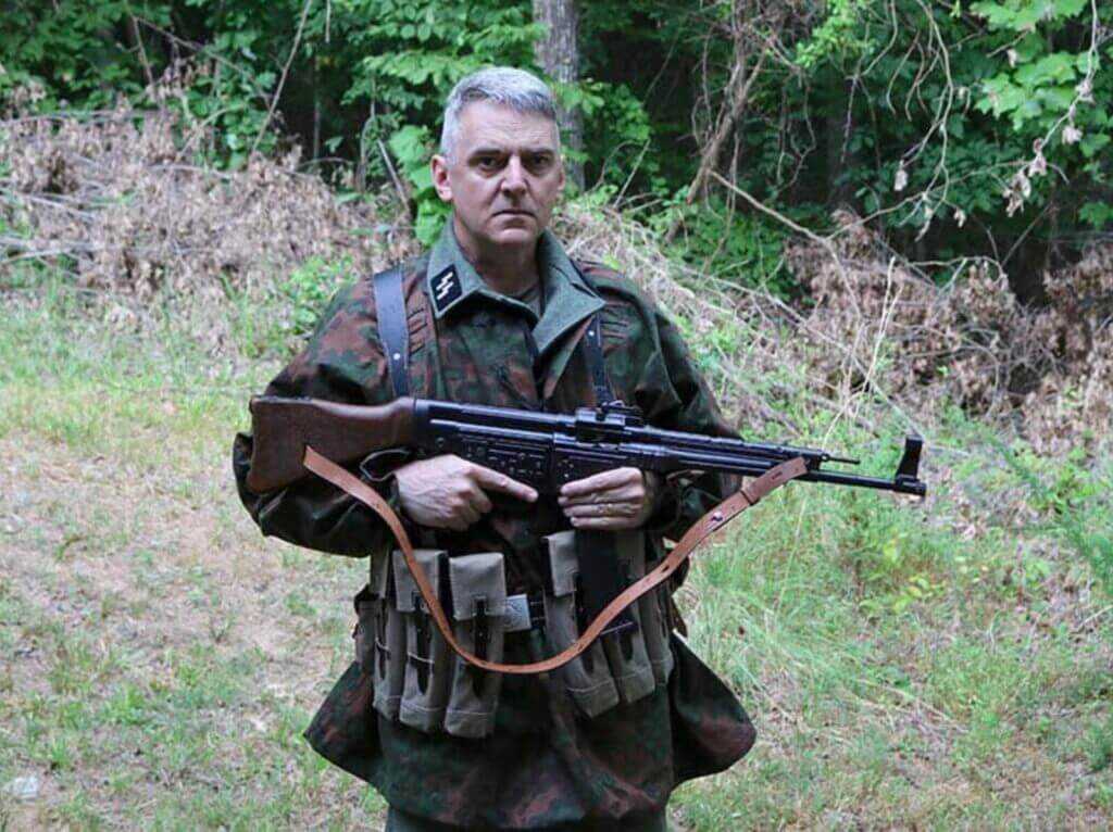 Author in historical Waffen SS costume for a World War II article about Georg Diers and Germany's last operational Tiger tank