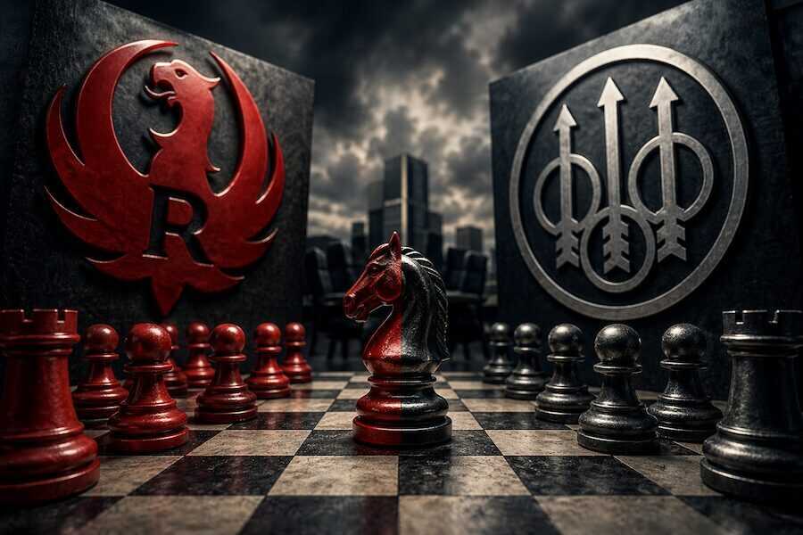 Beretta and Ruger logos representing stock ownership battle between firearm companies.