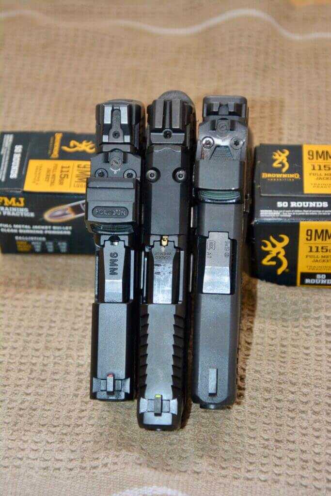 Shield Plus Shield X and Glock 43X MOS lined up side by side for slim 9mm carry comparison