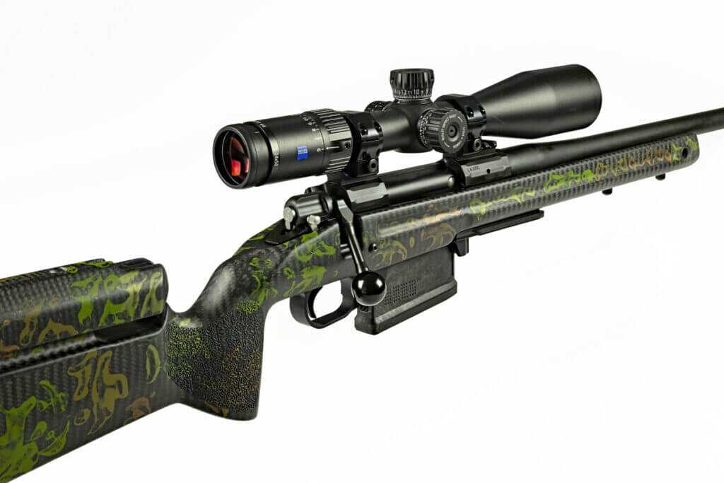 Geissele King Hunter rifle with Zeiss Conquest scope showing its 8 lbs., 1 oz. hunting rifle build