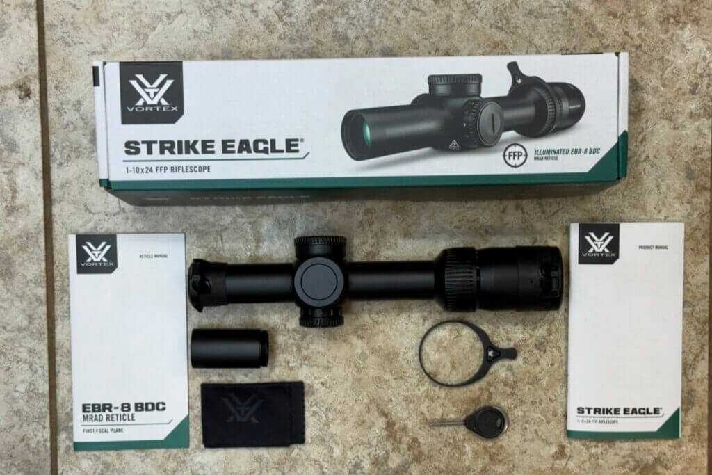 Vortex Strike Eagle 1-10x24 FFP factory accessories with flip caps throw lever sunshade battery cloth and tool