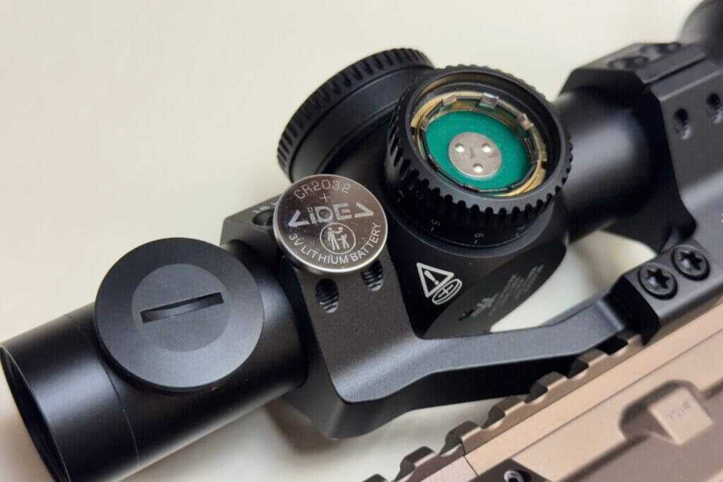 CR2032 battery compartment powering the Vortex Strike Eagle 1-10x24 illuminated reticle