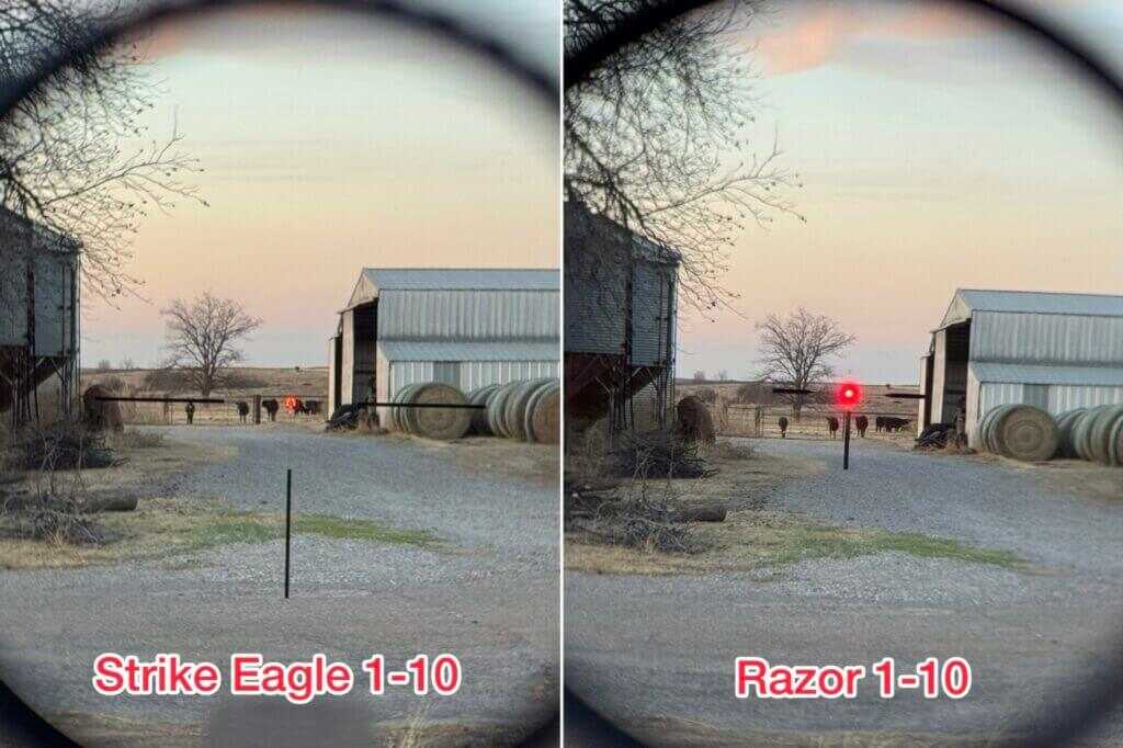 Vortex Strike Eagle 1-10x24 reticle compared to Razor 1-10 at max brightness