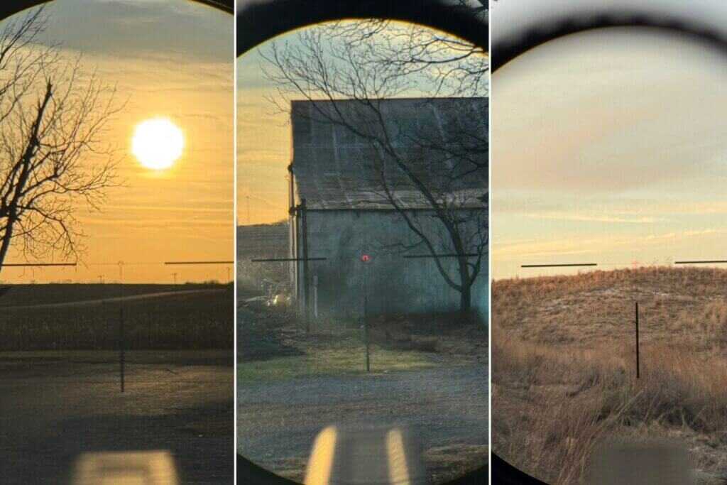 Vortex Strike Eagle 1-10x24 reticle at max brightness against mixed lighting backgrounds