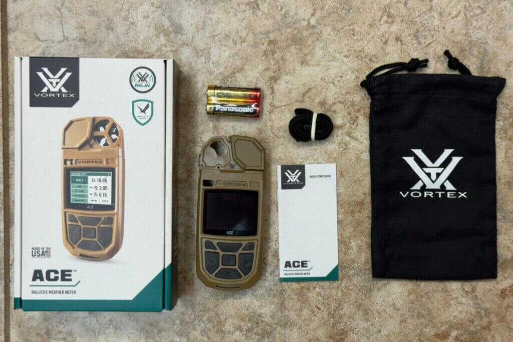 Vortex ACE Ballistic Weather Meter factory contents with lanyard storage bag and batteries