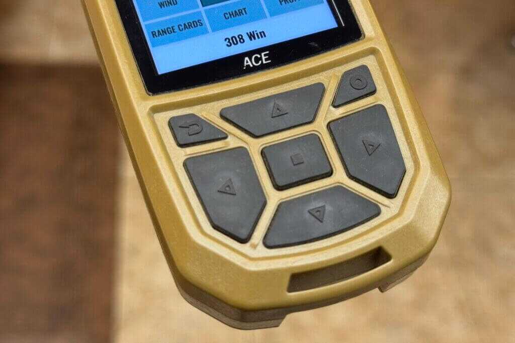 Large control buttons on the Vortex ACE Ballistic Weather Meter for gloved field operation