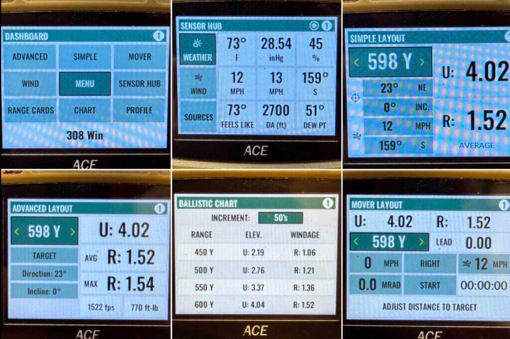 Vortex ACE menu screens showing ballistic and environmental data functions