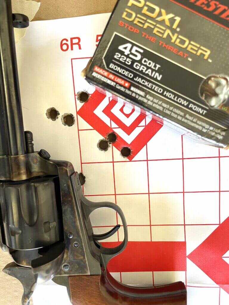 Cimarron U.S.V. Artillery accuracy target from .45 Long Colt range testing