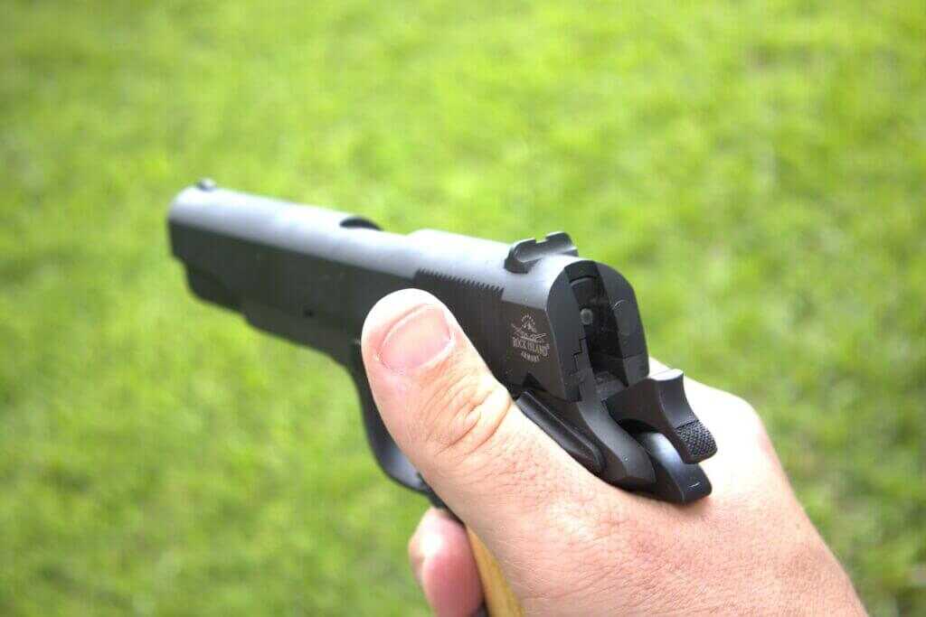 Rock Island Armory GI Standard 1911 sights and thumb safety close-up