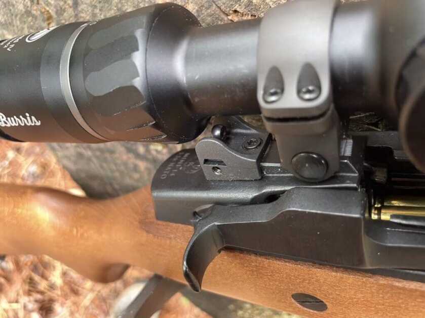 Ruger Mini-14 Ranch rear sight and receiver scope mount detail