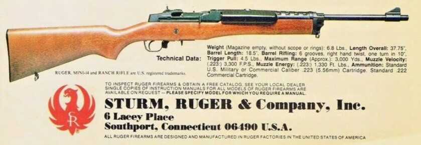 Ruger Mini-14 Ranch Rifle 1982 advertisement with redesigned rear sight and scope mounts