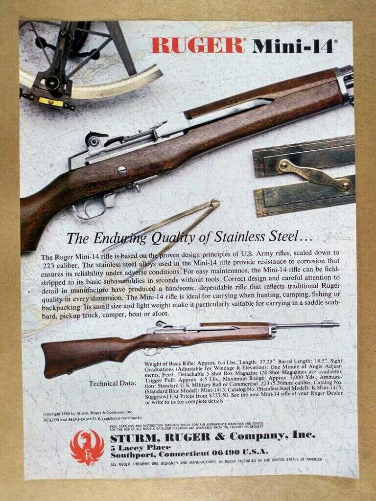 1999 Ruger Mini-14 stainless steel advertisement showing original rifle features