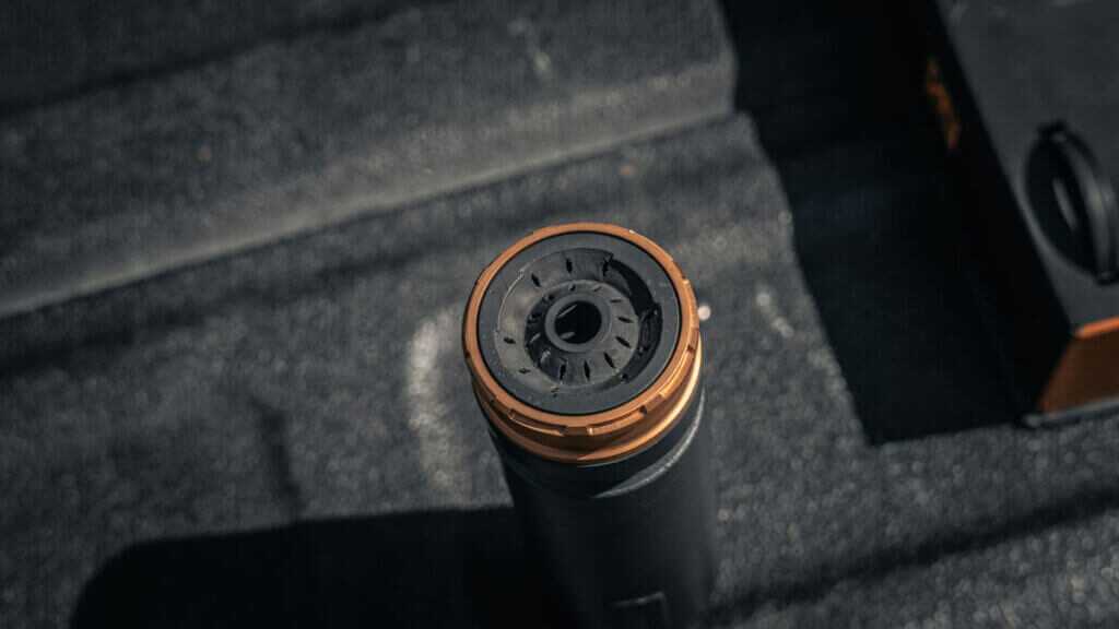Muzzle end of the compact Tenet Limited 30 titanium suppressor