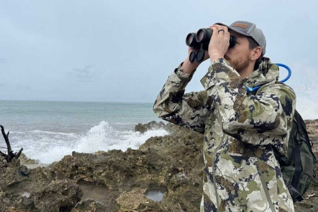 Vortex Talon HD 10K binoculars used while hiking and ranging in Kings Camo apparel