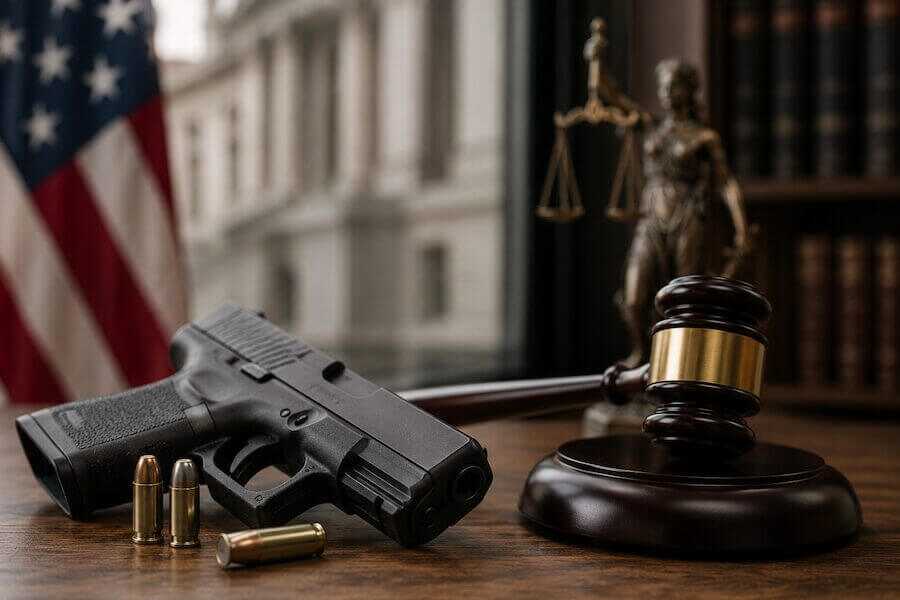 Illinois FOID card displayed beside handgun and ammunition representing the federal lawsuit challenging the state licensing requirement.