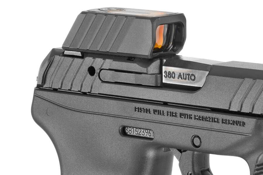 Ruger LCP MAX pistol equipped with the new ReadyDot battery-free micro reflex sight.