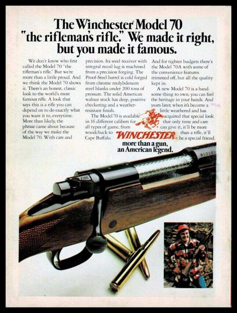 Post-64 Winchester Model 70 advertisement showing the push-feed era rifle
