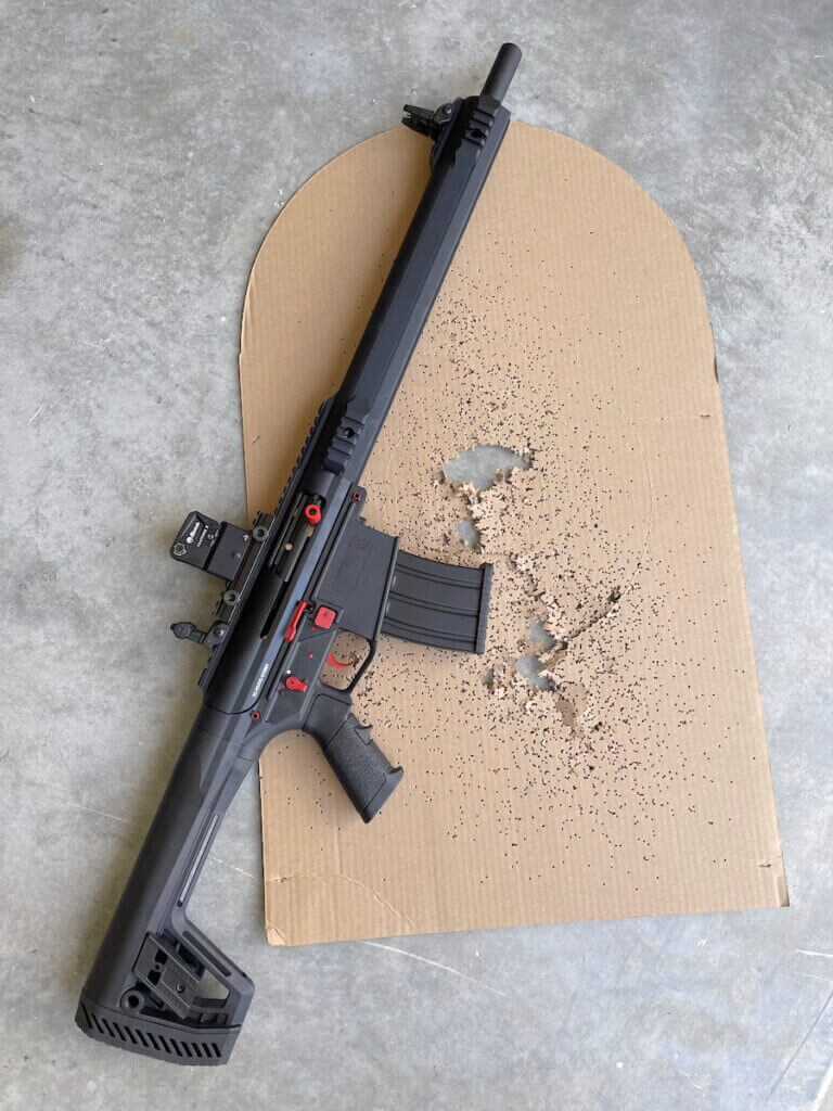 Tokarev USA TT 12 Pro shotgun with 15 yard bird shot target pattern