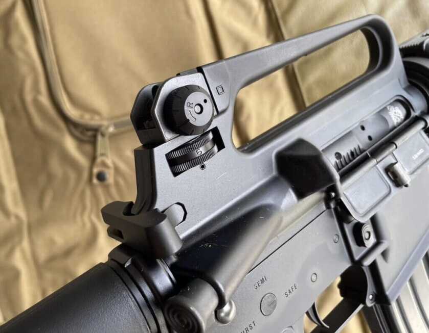 Springfield Armory SA-16A2 rear adjustable aperture sight with 300 to 800 meter settings