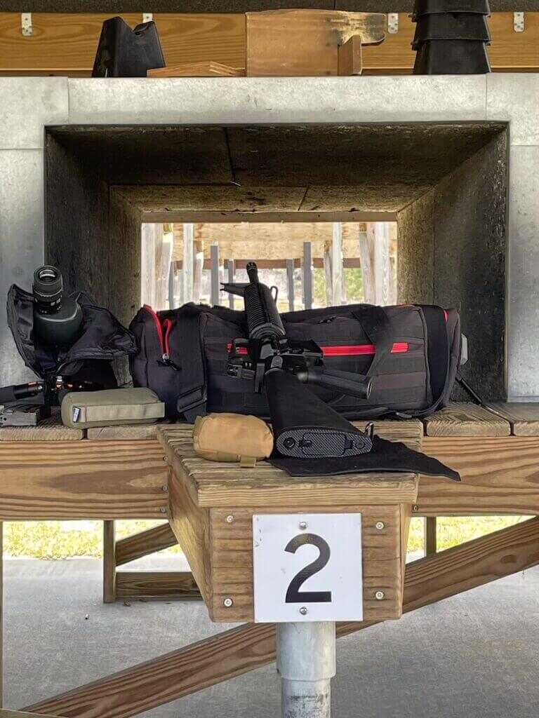 Springfield Armory SA-16A2 review rifle on the range with bag rest for iron sight testing
