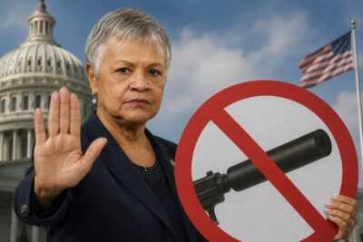 Illustration depicting Rep. Bonnie Watson Coleman in front of the U.S. Capitol, holding a prohibition sign over a firearm suppressor while signaling "stop" with her hand, symbolizing proposed federal legislation to ban suppressors.