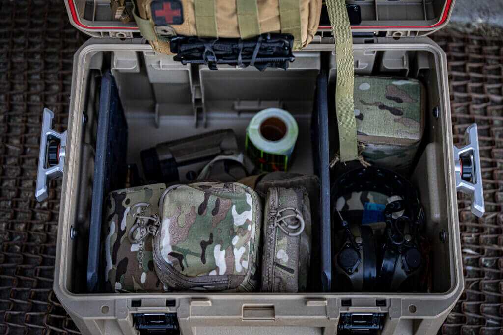 Pelican CRATE 45L divider panels arranged for custom optics range gear and hunting equipment storage