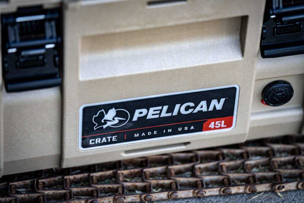 Pelican CRATE 45L made in the USA marking on premium waterproof truck bed gear case