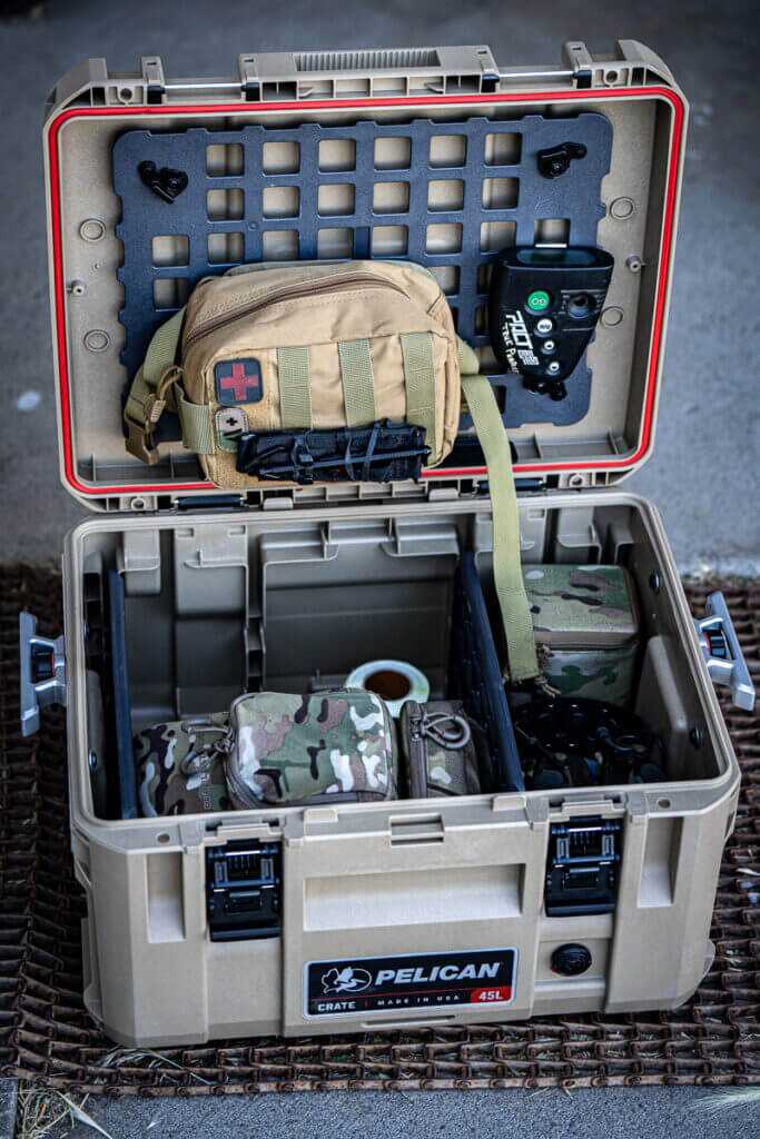 Pelican CRATE 45L red lid seal showing waterproof and dustproof protection for truck bed storage