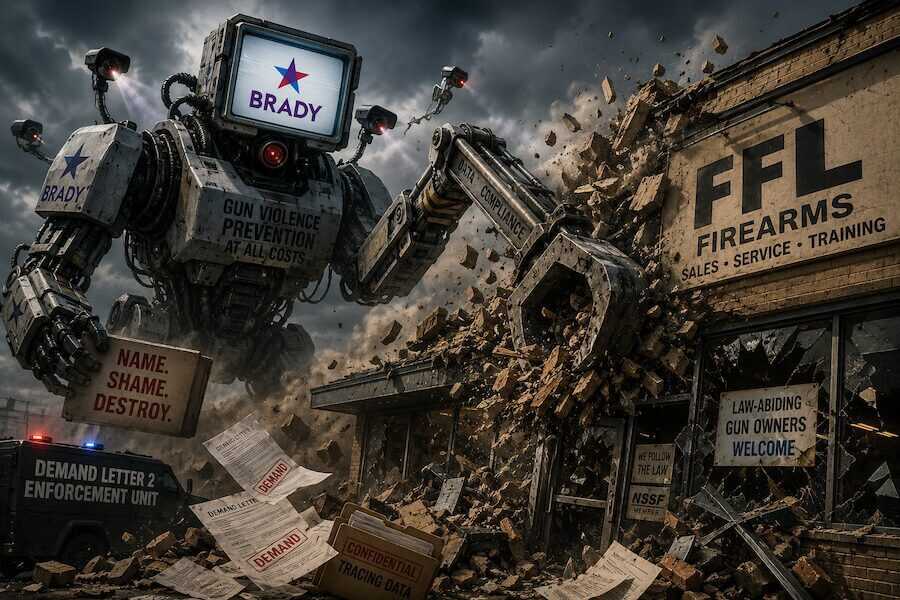 A giant robotic figure bearing the Brady logo demolishes a federally licensed gun store in a dramatic dystopian scene, while documents, trace data files, and law-enforcement paperwork scatter through the air amid flying debris and storm clouds.