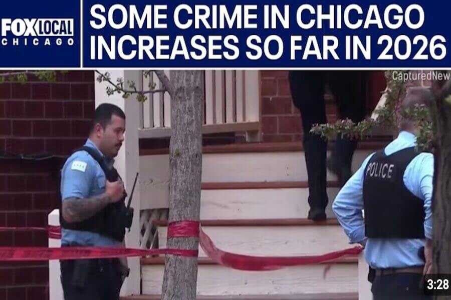 Chicago police officers stand outside a taped-off crime scene during an investigation as FOX Local Chicago discusses rising crime trends in 2026.