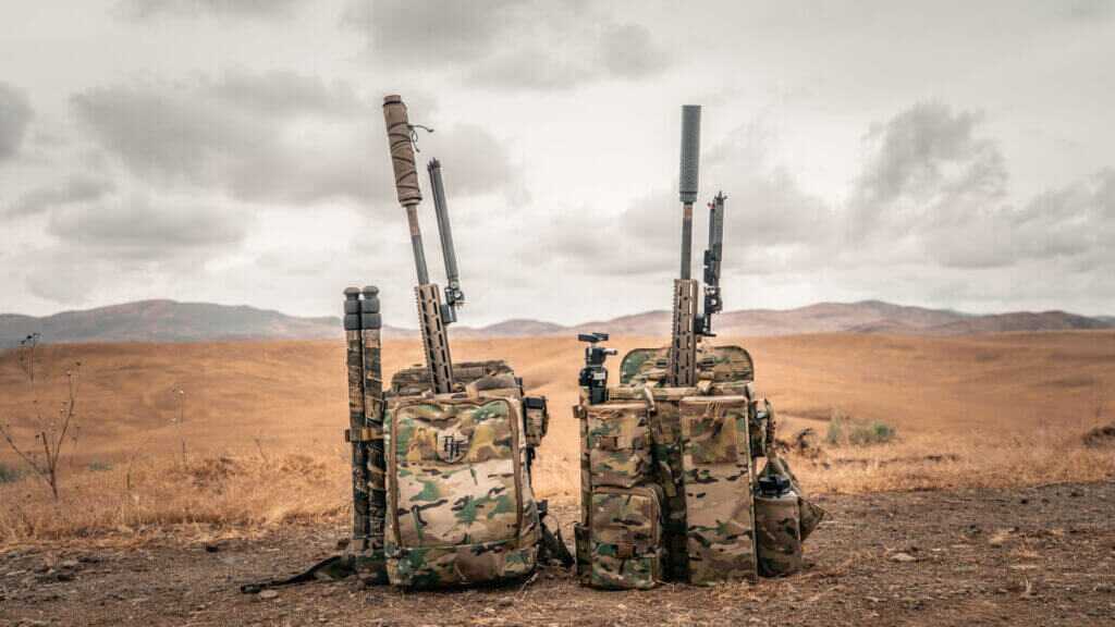 Tracer Tactical Burro hard-sided rifle pack shown in two accessory configurations