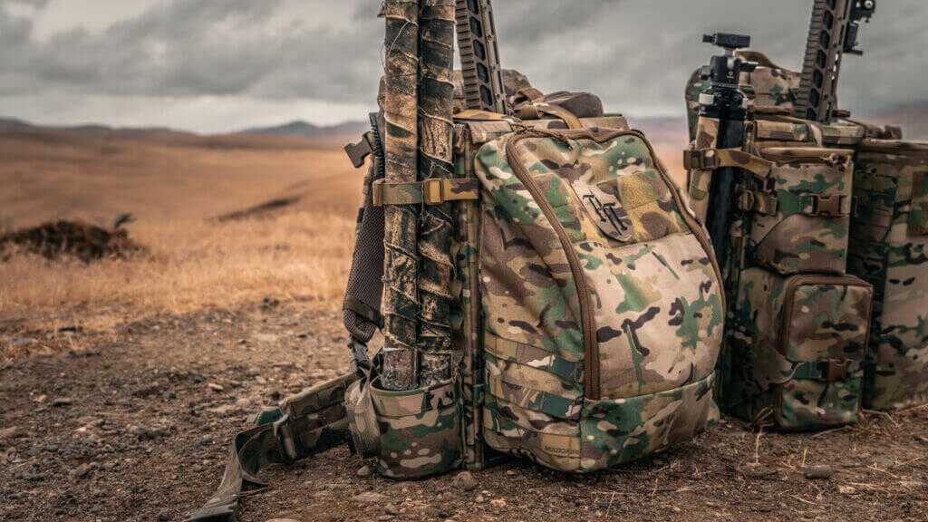 Tracer Tactical Burro with tripod holder and sustainment bag attached by MOLLE