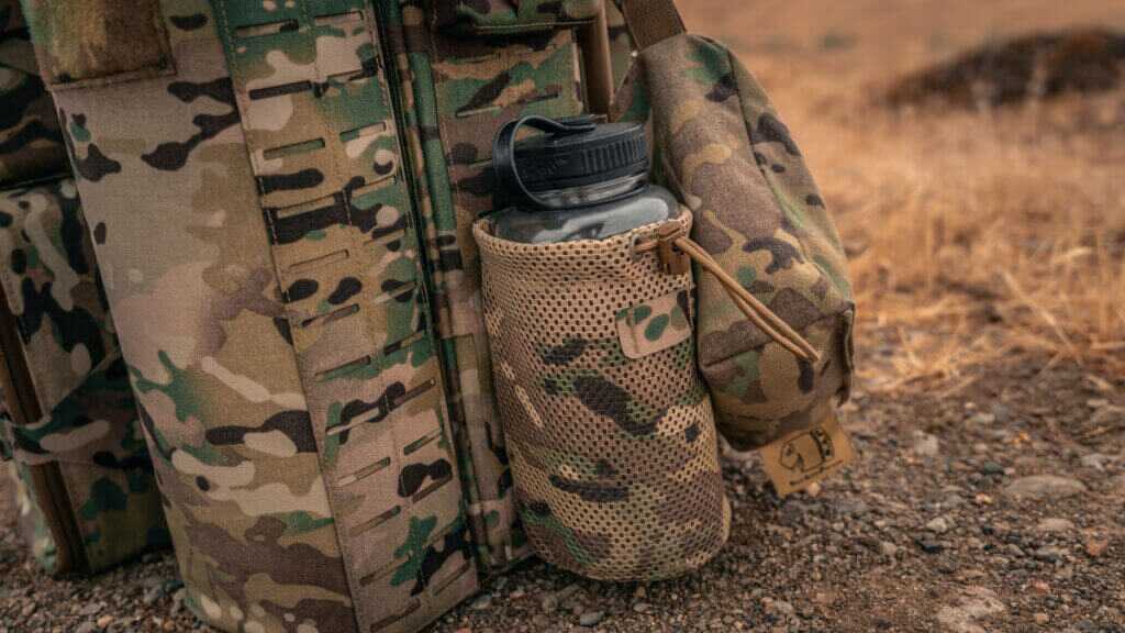 Water bottle holder mounted to the Tracer Tactical Burro MOLLE exterior