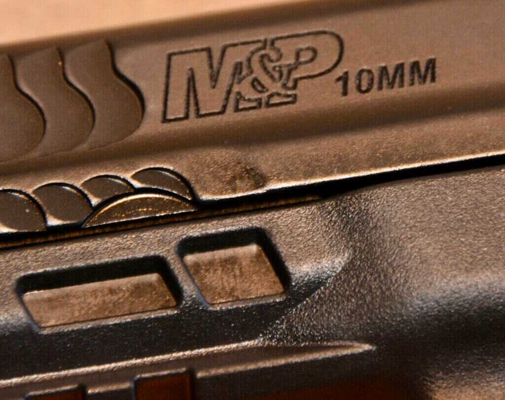 Bold 10mm slide marking on Smith and Wesson M&P 2.0 10mm pistol