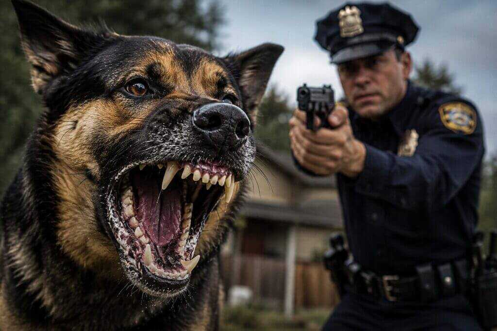 Illustration of a snarling dog confronting an armed police officer during a tense residential encounter.