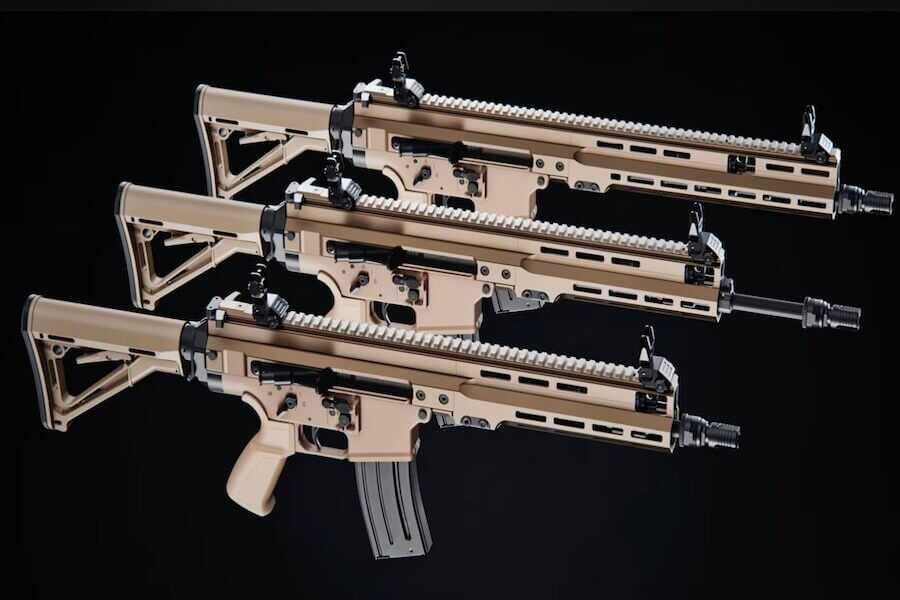 Three FN ARKA 5.56 NATO rifles are displayed against a black background, showcasing multiple barrel and handguard configurations in Flat Dark Earth (FDE). The rifles feature fully ambidextrous controls, M-LOK handguards, and FN's new AR-inspired design.