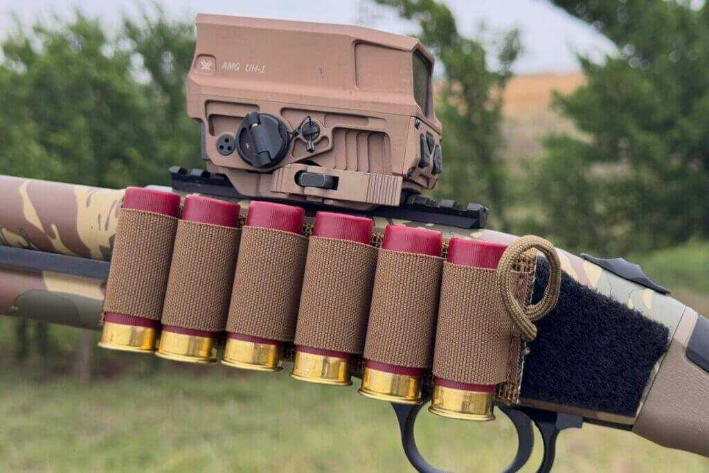 Close view of the Esstac 6-round shell card included with the Mossberg 590 Bliksem