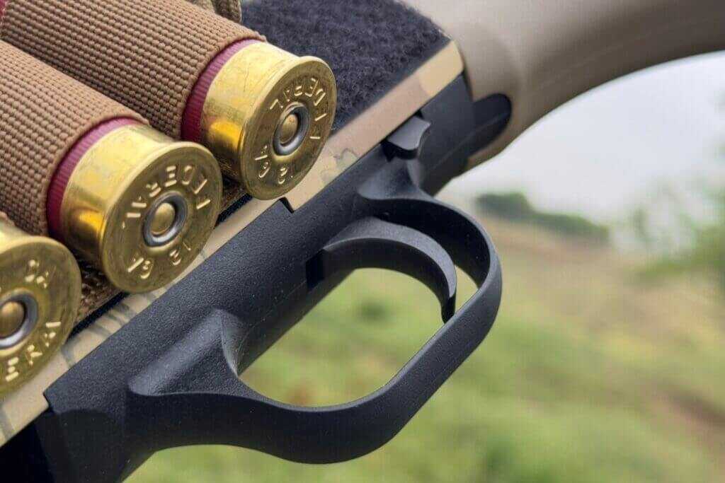 Trigger on the Mossberg 590 Bliksem compact 12-gauge firearm tested at a little over 7 pounds