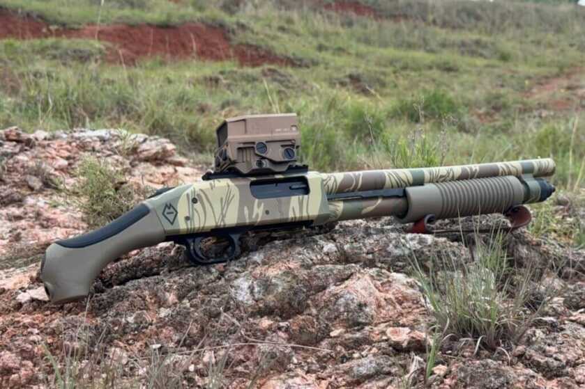 Mossberg 590 Bliksem review firearm with Rhodesian Brushstroke camo and compact 12-gauge profile