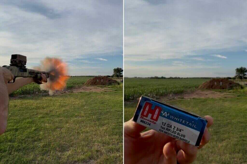 Mossberg 590 Bliksem firing 1-ounce Hornady slugs during 25-yard steel testing