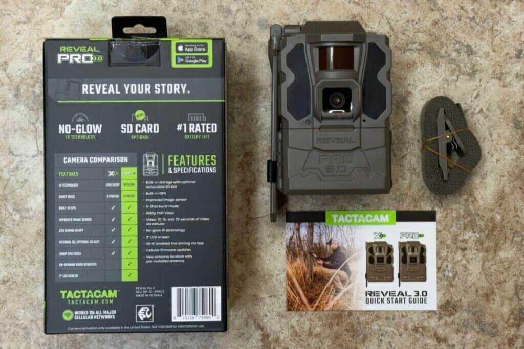 Tactacam REVEAL Pro 3.0 out of the box with included strap and field setup gear